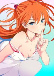 1girl bare_shoulders blue_eyes blush breasts cleavage covered_erect_nipples downblouse dress female_focus finger_to_mouth highres jpeg_artifacts long_hair mebae medium_breasts nail_polish neon_genesis_evangelion orange_hair seductive_smile simple_background smile solo souryuu_asuka_langley strap_slip white_dress