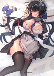 1girl :p absurdres alternate_costume animal_ears apron aqua_eyes artist_name between_breasts black_dress black_hair black_thighhighs blue_nails blue_necktie blue_ribbon breasts cleavage_cutout clothing_cutout commentary dress english_commentary enmaided erina_makina frilled_apron frills hair_ribbon halo heterochromia highres keisea large_breasts long_hair looking_at_viewer loose_necktie lying maid maid_apron maid_headdress necktie necktie_between_breasts on_back parted_bangs paw_pose phase_connect pink_eyes prosthesis prosthetic_arm red_ribbon ribbon second-party_source solo tail tail_ornament tail_ribbon thighhighs tiger_ears tiger_tail tongue tongue_out unconventional_maid very_long_hair virtual_youtuber waist_apron wavy_hair white_apron
