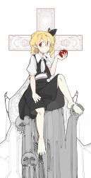 Rule 34 | 1girl, alternate color, apple, ascot, barefoot, black ribbon, black skirt, black vest, blonde hair, bolos, collar, cross, flandre scarlet, food, fruit, hair ribbon, highres, holding, holding food, holding fruit, pointy ears, red eyes, ribbon, shirt, skirt, solo, touhou, vampire, vest, white ascot, white collar, white shirt