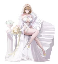1girl absurdres alternate_costume anis_(nikke) bare_legs bare_shoulders bouquet breasts bridal_gauntlets bridal_veil brown_eyes brown_hair center_opening commentary dress flower frilled_thigh_strap goddess_of_victory:_nikke high_heels highres holding holding_bouquet large_breasts legs short_hair simple_background sloan_(shakabrah) solo stairs thigh_strap veil wedding_dress white_background white_dress white_footwear