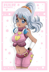 1girl bakugan bakugan_battle_brawlers belt blue_eyes breasts dark_skin earrings fingerless_gloves gloves grey_hair hair_ornament hairclip hand_on_own_hip headphones headphones_around_neck heart heart_earrings heart_print jewelry julie_heyward long_hair looking_at_viewer medium_breasts midriff navel open_fly open_mouth pink_belt pink_shirt pink_shorts polka_dot polka_dot_background polka_dot_belt ponytail print_shirt print_shorts scrunchie shirt shorts sleeveless sleeveless_shirt standing turtleneck turtleneck_shirt wah-ngt watch white_background white_gloves wristwatch