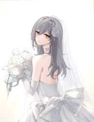1girl alternate_costume bare_shoulders bouquet breasts bridal_veil closed_mouth commentary dress elbow_gloves english_commentary feint721 flower from_side glint gloves grey_hair hair_between_eyes highres holding holding_bouquet honkai:_star_rail honkai_(series) light_blush long_hair looking_to_the_side medium_breasts smile solo stelle_(honkai:_star_rail) trailblazer_(honkai:_star_rail) veil white_dress white_gloves white_veil yellow_eyes