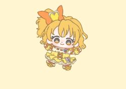 Rule 34 | 1girl, blonde hair, boots, bow, brooch, chibi, closed mouth, clover, clover brooch, cross-laced clothes, cross-laced dress, cure pine, dot nose, dress, earrings, eyelashes, four-leaf clover, fresh precure!, frilled dress, frilled wrist cuffs, frills, hair bow, hair ornament, happy, heart, heart earrings, heart hair ornament, ichigo usuhana, jewelry, knee boots, light blush, looking at viewer, magical girl, medium hair, one side up, orange bow, orange theme, outstretched arms, precure, ribbon-trimmed dress, ribbon trim, short dress, short sleeves, simple background, smile, solo, tareme, waist bag, white bag, wrist cuffs, yamabuki inori, yellow background, yellow boots, yellow dress, yellow eyes, yellow theme, yellow wrist cuffs