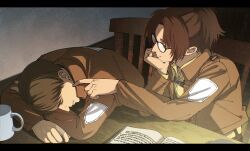 1boy 1girl 35ohama_yu black_border border brown_hair brown_jacket closed_mouth glasses hange_zoe highres jacket medium_hair moblit_berner on_chair shingeki_no_kyojin shirt short_hair sitting sleeping table teeth yellow_shirt