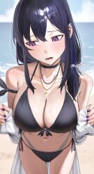 1girl absurdres bikini black_bikini breasts cleavage collarbone commentary_request eden_(edenaldojj) highres ichinose_uruha jewelry large_breasts long_hair looking_down lupinus_virtual_games nail_polish navel necklace purple_eyes solo swimsuit virtual_youtuber vspo!