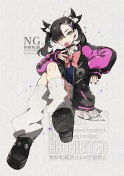 1girl asymmetrical_bangs black_hair black_nails blue_sweater bow candy choker creatures_(company) food game_freak green_eyes hair_bow hair_ribbon highres holding holding_candy holding_food holding_lollipop jacket kawasaki_(kwsk_8765) lollipop long_sleeves looking_at_viewer marnie_(academy)_(pokemon) marnie_(pokemon) nintendo official_alternate_costume pleated_skirt pokemon pokemon_masters_ex purple_jacket ribbon school_uniform shirt skirt solo sweater twintails white_shirt