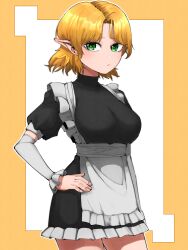 1girl alternate_costume apron black_dress blonde_hair breasts closed_mouth commentary_request cowboy_shot detached_sleeves dress enmaided expressionless frilled_dress frills green_eyes hand_on_own_hip highres large_breasts looking_at_viewer maid mizuhashi_parsee orange_background parted_bangs pointy_ears puffy_short_sleeves puffy_sleeves short_hair short_sleeves solo touhou two-tone_background waist_apron white_apron white_background white_sleeves yokozuna_iwashi