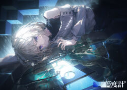 1girl absurdres bang_dream! bang_dream!_it&#039;s_mygo!!!!! black_shirt blonde_hair chinese_commentary commentary_request grey_sweater highres long_sleeves looking_at_viewer lying medium_hair misumi_uika off_shoulder on_side open_mouth parted_lips purple_eyes shirt solo sweater wet yuuki_(yuuki08435994)