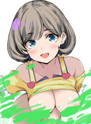 1girl :d blue_eyes blush breasts censored censored_nipples clothes_lift collarbone commentary_request cowboy_shot frilled_sleeves frills gengoroh grey_hair heart highres looking_at_viewer love_live! love_live!_superstar!! medium_breasts no_pants off-shoulder_shirt off_shoulder official_alternate_costume open_mouth shirt shirt_lift short_hair short_sleeves simple_background smile solo swept_bangs tang_keke teeth upper_teeth_only white_background white_shirt