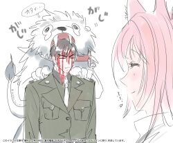 1boy 1girl animal animal_ears bike_shorts black_shorts blood blood_on_clothes blood_on_face blush closed_eyes commander_(nikke) goddess_of_victory:_nikke hair_intakes highres leona_(nikke) lion long_hair military_uniform necktie pink_hair shirt shishimaru_(shishibon) shorts sidelocks sweatdrop timi_(nikke) white_necktie white_shirt