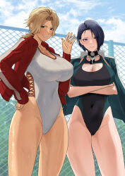 2girls bare_legs blonde_hair blue_eyes blue_hair breasts catherine_(fire_emblem) cleavage commission covered_navel crossed_arms dark-skinned_female dark_skin fire_emblem fire_emblem:_three_houses grin hand_on_own_hip highres jacket large_breasts multiple_girls nintendo one-piece_swimsuit open_clothes open_jacket oyatsu_0 ponytail purple_eyes red_jacket shamir_nevrand short_hair skeb_commission smile swimsuit thick_thighs thighs waving white_one-piece_swimsuit