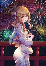 1boy androgynous ass bamboo covering_own_mouth fireworks floral_print from_behind hair_bun hair_ornament highres holding holding_umbrella japanese_clothes kimono looking_at_viewer looking_to_the_side natsusora_wakana night night_sky novady obi open_mouth orange_hair original print_kimono sash see-through_clothes sky standing star_(sky) star_(symbol) star_hair_ornament starry_sky tanabata taut_clothes trap umbrella wide_hips yellow_eyes yukata