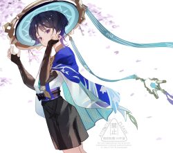 1boy animal_print armor belt bird_print black_belt black_bow black_bridal_gauntlets black_hair black_shorts blue_cape blue_hat blunt_ends bow bridal_gauntlets bright_pupils cape clenched_hand closed_mouth colored_tips cowboy_shot eyelashes eyeliner eyeshadow falling_petals from_side furisode genshin_impact gold gold_ring hands_up hat highres hip_vent indoors japanese_armor japanese_clothes jingasa kimono kote kurokote looking_at_viewer makeup male_focus middle_ring multicolored_hair nece6556 open_hand petals purple_eyes purple_hair purple_petals purple_sash red_eyeliner red_eyeshadow sash scaramouche_(genshin_impact) shorts solo wanderer_(genshin_impact) watermark white_background white_kimono white_pupils white_sleeves white_trim