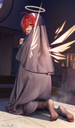 1girl absurdres arknights church exusiai_(arknights) feet hair_over_one_eye highres looking_at_viewer looking_back medium_hair mimuxiao nun open_mouth own_hands_clasped pantyhose red_hair soles steam toes yellow_eyes