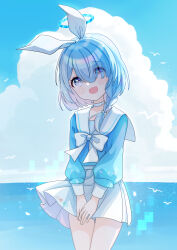 1girl absurdres arona_(blue_archive) blue_archive blue_eyes blue_hair blue_halo blue_serafuku blue_shirt blue_sky bow bowtie braid choker cloud colored_inner_hair cumulonimbus_cloud eyes_visible_through_hair fang hair_bow hair_over_one_eye halo highres long_sleeves looking_at_viewer multicolored_hair ocean pink_hair pleated_skirt sailor_collar school_uniform serafuku shirt short_hair simple_bird single_braid skirt sky standing white_bow white_bowtie white_choker white_sailor_collar white_shirt ximilulu