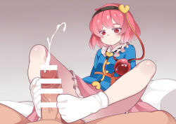 Rule 34 | 1boy, 1girl, bar censor, black hairband, censored, clothed female nude male, cum, ejaculation, eyeball, footjob, gradient background, grey background, hairband, hammer (sunset beach), hetero, komeiji satori, nude, penis, pink hair, short hair, socks, solo focus, third eye, touhou, white socks