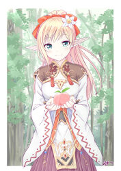 1girl blonde_hair breasts elf flower food forest fruit green_eyes hair_flower hair_ornament hair_ribbon highres iris_mysteria! k_(nura-rikuo) long_hair looking_at_viewer medium_breasts nature peach pointy_ears ribbon smile standing tissesaare_stuka_machulfka