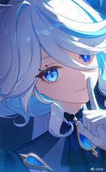 Rule 34 | 1girl, blue eyes, blue gemstone, blue hair, blue pupils, curly hair, finger to mouth, furina (genshin impact), gem, genshin impact, gloves, hair between eyes, hair over one eye, half gloves, heterochromia, light smile, looking at viewer, multicolored hair, rj (lingshih10), shushing, solo, streaked hair, watermark, weibo watermark, white gloves, white hair