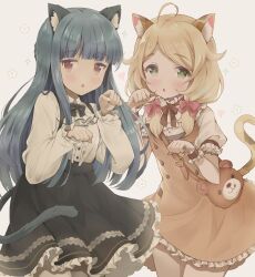 Rule 34 | 2girls, animal bag, animal ears, ascot, bear bag, blonde hair, blue hair, blush, bow, bowtie, brown eyes, cat ears, cat girl, cat tail, center frills, collared shirt, dress, frilled dress, frills, green eyes, heart, highres, idolmaster, idolmaster cinderella girls, long hair, looking at viewer, low twintails, medium hair, michii yuuki, multiple girls, neck ribbon, open mouth, paw pose, pinafore dress, ribbon, sajo yukimi, shirt, sleeveless, sleeveless dress, sparkle, tail, twintails, white dress, yusa kozue