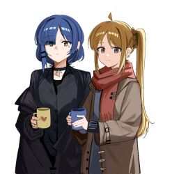 2girls ahoge black_choker black_jacket black_shirt blonde_hair blue_hair bocchi_the_rock! brown_coat choker coat commentary dress_shirt earrings eyes_visible_through_hair grey_sweater haidao_mao hair_ornament hair_over_one_eye hairclip hashtag-only_commentary highres ijichi_nijika jacket jewelry looking_at_viewer mole mole_under_eye multiple_girls off_shoulder red_eyes red_scarf scarf shirt short_hair side_ponytail simple_background single_sidelock stud_earrings sweater white_background yamada_ryo yellow_eyes