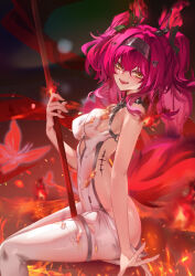 Rule 34 | 1girl, animal ears, ass, backless bodysuit, bare shoulders, black bow, bodysuit, bow, breasts, collar, commentary, fake animal ears, from side, hair bow, hairband, highres, holding, holding polearm, holding weapon, light blush, long hair, looking at viewer, lupa (wuthering waves), medium breasts, metal collar, metal hairband, miaosu, multiple hair bows, open mouth, pink hair, polearm, red pupils, sitting, smile, solo, tacet mark (wuthering waves), tail, torn bodysuit, torn clothes, weapon, white bodysuit, wolf tail, wuthering waves, yellow eyes