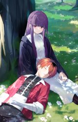 Rule 34 | 1boy, 1girl, against tree, bandaged arm, bandages, black coat, black pants, black pantyhose, black shirt, blunt bangs, blunt sidelocks, blush, closed eyes, closed mouth, coat, collar, commentary request, commission, day, dress, fern (sousou no frieren), field, flower, frilled collar, frills, grass, half updo, highres, hood, hooded coat, jacket, lap pillow, long sidelocks, long sleeves, looking at another, lying, nature, on ground, open clothes, open coat, open jacket, outdoors, pants, pantyhose, parted lips, purple eyes, purple hair, rdim6gr8, reclining, red hair, red jacket, shade, shadow, shirt, short hair, sidelocks, skeb commission, sleeping, smile, sousou no frieren, split mouth, stark (sousou no frieren), sunlight, tree, white dress, white flower
