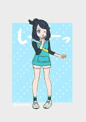 Rule 34 | 1girl, ;), absurdres, black hair, black shirt, black socks, blue background, border, commentary request, finger to mouth, full body, green vest, grey border, hair bun, hair ornament, hairclip, hand up, highres, hood, hood down, hooded vest, hoodie, index finger raised, knees, liko (pokemon), nintendo, one eye closed, pokemon, pokemon (anime), pokemon horizons, shirt, shoes, shorts, shushing, smile, socks, solo, standing, swept bangs, three-quarter sleeves, twitter username, vest, white shoes, white shorts, yibuzhai