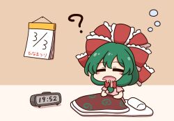 1girl ? blush_stickers bow calendar_(object) chibi clock digital_clock drooling frilled_bow frills front_ponytail green_hair hair_bow hair_ribbon highres kagiyama_hina long_hair open_mouth red_ribbon ribbon shirt shitacemayo short_sleeves solo t-shirt touhou waking_up