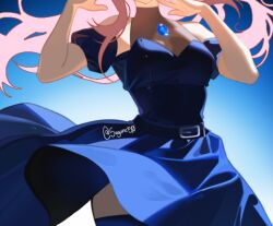 1girl alien_stage belt black_belt black_dress black_sleeves black_thighhighs blue_background commentary cowboy_shot detached_sleeves dress floating_hair head_out_of_frame long_hair mizi_(alien_stage) pink_hair sayume50 short_sleeves signature sleeveless sleeveless_dress solo thighhighs unfinished