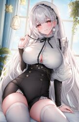 1girl azur_lane black_pants black_ribbon blue_sky breasts cleavage cloud cloudy_sky commentary_request curtains day hair_intakes highres lamp long_hair long_sleeves looking_at_viewer official_alternate_costume orange_eyes oyuwari pants plant potted_plant ribbon scylla_(azur_lane) shirt sitting sky smile solo teeth thighhighs twintails white_hair white_shirt white_thighhighs window
