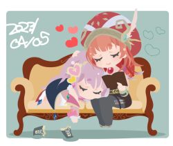 Rule 34 | 01 (zeroichi srl), 2girls, ^ ^, atelier (series), atelier lulua, black pantyhose, blunt bangs, book, border, chibi, chibi only, closed eyes, closed mouth, commentary request, couch, dated, elmerulia frixell, full body, grey hair, hair ornament, hand on another&#039;s head, hat, heart, heart hair ornament, holding, holding book, long hair, long sleeves, lying, multiple girls, no lineart, on couch, open book, pantyhose, purple hair, reading, red hair, red hat, rorolina frixell, shoes, sitting, sleeping, sleeping on person, smile, test tube, unworn shoes, white border