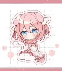 1girl animal_ears blue_eyes blush borrowed_character chibi chibi_only closed_mouth commentary commission dog_ears dog_girl dog_tail dress frilled_dress frills full_body grid_background letterboxed long_sleeves looking_at_viewer original outline own_hands_together pink_hair pink_shoes ringouulu shoes short_hair sitting skeb_commission smile solo tail thighhighs twitter_username white_background white_dress white_thighhighs