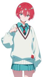 1girl absurdres amate_yuzuriha arasaka_inu bob_cut closed_mouth collared_shirt commentary cowboy_shot green_eyes green_skirt grey_sweater gundam gundam_gquuuuuux highres long_sleeves looking_at_viewer necktie pleated_skirt red_hair school_uniform shirt short_hair simple_background skirt solo striped_necktie sweater symbol-only_commentary white_background