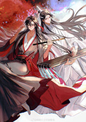 2boys absurdres ahoge black_footwear black_hair black_hanfu branded chinese_clothes chinese_commentary closed_mouth collarbone dizi flute full_body guqin hair_bun hair_ribbon hanfu headband heyoubuyou highres holding holding_flute holding_instrument instrument lan_wangji long_hair long_sleeves looking_ahead looking_at_another male_focus modao_zushi multiple_boys open_clothes pectoral_cleavage pectorals red_eyes red_ribbon ribbon sash transverse_flute watermark wei_wuxian wei_wuxian_(yiling_laozu) weibo_watermark white_hanfu white_headband wide_sleeves xiao_guan_(headdress) yellow_eyes