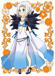 Rule 34 | 1girl, black sandals, blue eyes, blush, closed mouth, commentary request, detached sleeves, dress, flat chest, floral border, frilled thigh strap, full body, fur collar, grey dress, grey hair, grey sleeves, looking at viewer, lowres, meiko (nattu303), pointy ears, polka dot, polka dot dress, ragnarok online, sandals, short bangs, side slit, sleeveless, sleeveless dress, smile, solo, sorcerer (ragnarok online), standing, thigh strap, white background