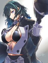 1girl alternate_costume bikini black_bikini black_jacket black_skirt blue_eyes blue_hair breasts cape clear_glass_(mildmild1311) cleavage closed_mouth female_byleth_(fire_emblem) female_byleth_(summer)_(fire_emblem) fire_emblem fire_emblem:_three_houses fire_emblem_heroes garreg_mach_monastery_uniform hat highres jacket large_breasts long_hair long_sleeves medium_hair nintendo official_alternate_costume open_clothes open_jacket pleated_skirt simple_background skirt solo stomach swimsuit