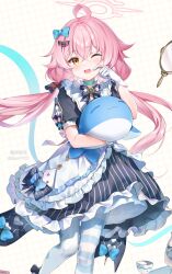 1girl absurdres ahoge apron aqua_bow asymmetrical_legwear black_bow black_dress blue_archive bow card cosplay_request dress fang finger_to_face frilled_apron frilled_dress frills gloves guzangnanfeng hair_bow halo highres holding holding_stuffed_toy hoshino_(blue_archive) long_hair looking_at_viewer maid mirror mismatched_legwear one_eye_closed open_mouth pink_hair pink_halo playing_card polka_dot polka_dot_background short_sleeves solo striped_clothes striped_thighhighs stuffed_toy stuffed_whale thighhighs white_apron white_gloves white_thighhighs yellow_eyes