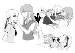 2girls absurdres bang_dream! bang_dream!_it&#039;s_mygo!!!!! blindfold blush bra breasts clothes_lift commentary greyscale hanasakigawa_school_uniform haneoka_school_uniform heavy_breathing highres kaeru_(kaeee41917105) kneehighs long_hair medium_breasts medium_hair misumi_uika monochrome multiple_girls neckerchief no_shoes open_mouth pillow pleated_skirt school_uniform serafuku shirt_lift sidelocks skirt socks togawa_sakiko underwear yuri