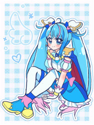 1girl ankle_boots blue_background blue_boots blue_cape blue_dress blue_eyes blue_hair boots bow cape closed_mouth cure_sky cut_bangs detached_sleeves dress dress_bow earrings fingerless_gloves frilled_dress frills fringe_trim gloves gradient_hair hair_ornament highres hirogaru_sky!_precure jewelry long_hair looking_at_viewer magical_girl medium_dress multicolored_hair outline pink_bow pink_hair precure puffy_detached_sleeves puffy_sleeves red_cape single_sidelock sitting sleeveless sleeveless_dress smile solo sora_harewataru streaked_hair thighhighs twintails two-sided_cape two-sided_fabric two-tone_dress two-tone_hair umiyuki_(umi_chu) very_long_hair white_dress white_gloves white_outline white_thighhighs wing_hair_ornament