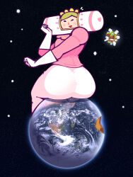 1girl absurdres ass blush_stickers cdlum earth_(planet) from_behind gloves highres huge_ass katamari_damacy looking_back mixed_media photo_(medium) planet queen_of_all_cosmos sitting solo space star_(sky)