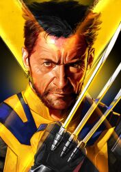 1boy artist_name beard black_background black_gloves blue_bodysuit bodysuit brown_eyes brown_hair claw_(weapon) closed_mouth commentary deadpool_&amp;_wolverine deadpool_(series) english_commentary facial_hair gloves hand_up highres lips looking_at_viewer male_focus marvel marvel_cinematic_universe short_hair solo two-tone_background two-tone_bodysuit uzuri_art v-shaped_eyebrows weapon wolverine_(x-men) x-men yellow_background yellow_bodysuit