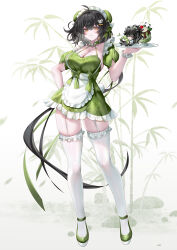 1boy 1girl absurdres ahoge alternate_costume apron black_hair breasts cleavage closed_mouth colored_inner_hair commentary dress earrings english_commentary enmaided female_rover_(wuthering_waves) food full_body garter_straps green_dress green_shoes hair_ornament hairclip highres holding holding_tray jewelry large_breasts long_hair maid maid_headdress mini_person multicolored_hair panda_hair_ornament qiuyuan_(wuthering_waves) rourou_(been) rover_(wuthering_waves) shoes skindentation smile solo_focus thighhighs thighs tray triangle_earrings very_long_hair waist_apron white_background white_garter_straps white_thighhighs white_wrist_cuffs wrist_cuffs wuthering_waves yellow_eyes