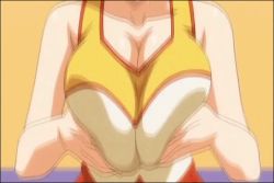 animated animated_gif blue_eyes blue_hair blush breast_press breasts breasts_squeezed_together cleavage clothes grabbing_another&#039;s_breast groping gym_uniform huge_breasts long_hair open_mouth paizuri_cheerleader_vs_sakunyuu_ouendan shizukuishi_chieri t-rex_(animation_studio)