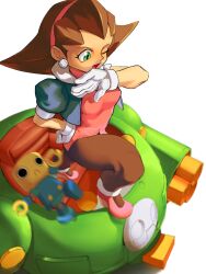 Rule 34 | 1girl, breasts, brown hair, covering own mouth, cropped jacket, dress, earrings, from above, gloves, green eyes, hairband, hand on own hip, highres, jacket, jewelry, legs, mecha, mega man (series), mega man legends (series), ojou-sama pose, pantyhose, pink dress, pink shoes, robot, servbot (mega man), shoes, short sleeves, thighs, tron bonne (mega man), white gloves
