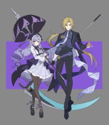 Rule 34 | 1boy, 1girl, absurdres, black pants, blonde hair, brown pantyhose, closed mouth, full body, grey background, grin, highres, holding, holding umbrella, hugo vlad, long hair, looking at viewer, pants, pantyhose, papajay (jennygin2), red eyes, smile, standing, teeth, umbrella, very long hair, vivian banshee, zenless zone zero