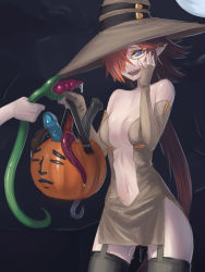 1girl animal_penis bare_shoulders blue_eyes breasts center_opening cleavage consensual_tentacles dildo dress elbow_gloves fingerless_gloves full_moon garter_straps glasses gloves hair_over_one_eye halloween hand_on_own_face hat highres horse_dildo horse_penis impossible_clothes impossible_dress jack-o&#039;-lantern jiffic long_hair low_ponytail moon navel no_panties orange_hair original penis pointy_ears ponytail pussy_juice sex_toy shaea_(jiffic) slime_(substance) smile solo strapless strapless_dress tentacles thighhighs trick_or_treat witch_hat yaranaika