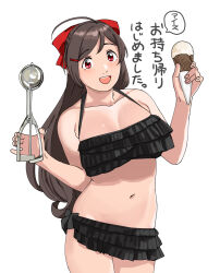 1girl ahoge bikini black_bikini brown_hair commentary_request food frilled_bikini frills hair_ribbon holding_ice_cream_scoop_(utensil) ice_cream ice_cream_cone ice_cream_scoop_(utensil) kantai_collection long_hair mamiya_(kancolle) mamiya_(swimsuit)_(kancolle) official_alternate_costume ojipon red_eyes ribbon simple_background solo swimsuit translation_request white_background