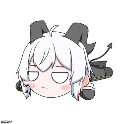 1girl ahoge artist_logo black_gloves black_horns black_pants black_tail chibi chibi_only closed_mouth commentary curled_horns demon_tail earrings gloves highres horns jewelry key_earrings logo lying medium_hair mole mole_under_eye multicolored_hair nesoberi on_stomach pants simple_background solo streaked_hair tail tenrino white_background white_hair wuthering_waves zani_(wuthering_waves)