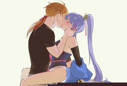 1boy 1girl ahoge artist_name ayaka_(genshin_impact) black_shirt black_sleeves brown_hair chocorut closed_eyes commentary detached_sleeves french_kiss from_side genshin_impact hair_ribbon hand_on_another&#039;s_neck hetero high_ponytail highres kiss leg_lock light_blush long_hair low_ponytail mole mole_under_eye panties pink_ribbon ponytail purple_hair red_ribbon ribbon shirt short_sleeves signature simple_background sitting sketch thoma_(genshin_impact) underwear very_long_hair white_background white_panties