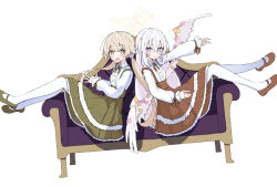 2girls alternate_costume azusa_(blue_archive) blonde_hair blue_archive blush brown_ribbon brown_shoes brown_skirt commentary_request couch crossed_bangs feathered_wings flower flower_ornament frilled_shirt frills green_ribbon green_shoes green_skirt hair_between_eyes hifumi_(blue_archive) highres long_hair looking_at_viewer low_twintails multiple_girls on_couch open_mouth pantyhose parted_lips pink_flower purple_eyes purple_flower ribbon sateto_(user_knrf2332) shirt shoes sidelocks sitting skirt twintails white_hair white_pantyhose white_shirt wings yellow_eyes
